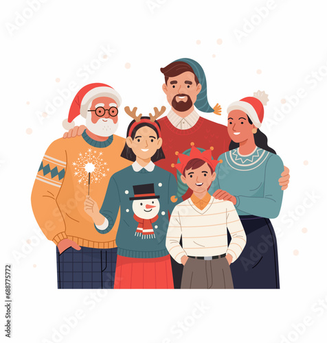 Christmas Family. Vector cartoon flat illustration of parents and children in cozy outfits, Santa and Christmas hats, standing together in an embrace. Isolated on a white snowy background