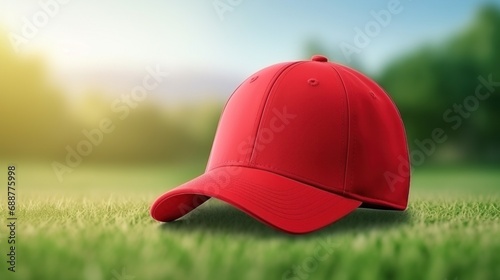 Athlete modern baseball red cap with realistic on a mockup template in a grass in a stadium
