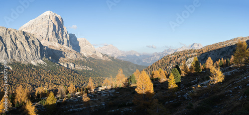 Panoramic view on beautiful alpine valley full of golden larches during autumn, Dolomites, Italy