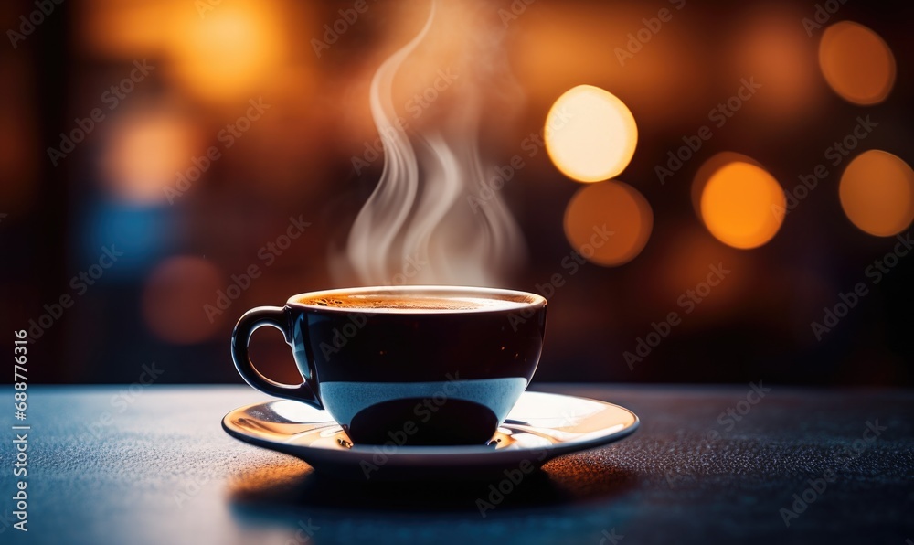 Obraz premium A steaming coffee cup on a saucer placed on a table with a warm, cozy cafe atmosphere and soft bokeh lights