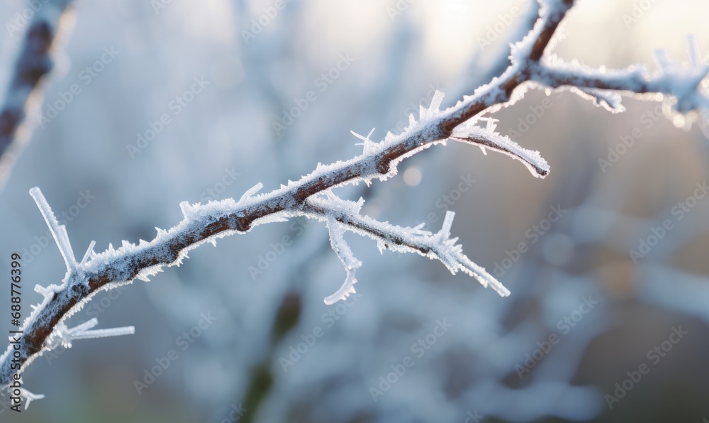 Frosted branches on a frosty winter morning. Beautiful winter background