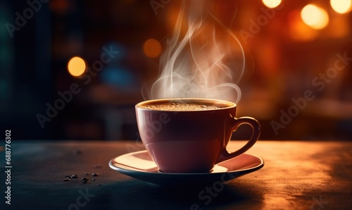A steaming coffee cup on a saucer placed on a table with a warm, cozy cafe atmosphere and soft bokeh lights