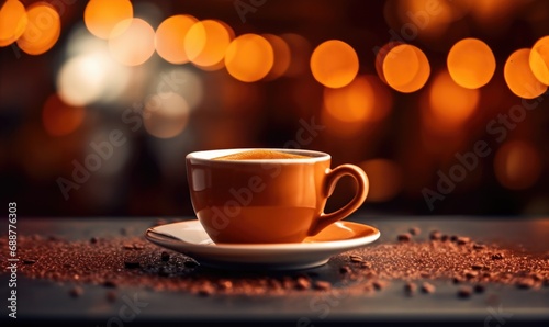 A steaming coffee cup on a saucer placed on a table with a warm  cozy cafe atmosphere and soft bokeh lights