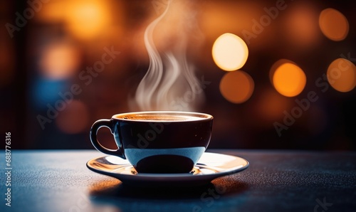 A steaming coffee cup on a saucer placed on a table with a warm  cozy cafe atmosphere and soft bokeh lights