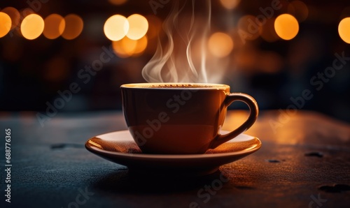 A steaming coffee cup on a saucer placed on a table with a warm, cozy cafe atmosphere and soft bokeh lights