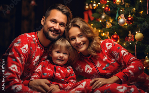 Young couple wearing Christmas pajamas with their 1 years old child under the Christmas tree