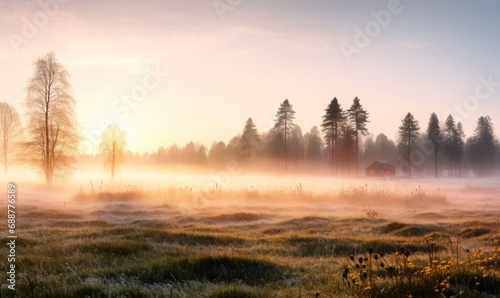 Foggy morning in the countryside. Landscape with fog and trees © TheoTheWizard