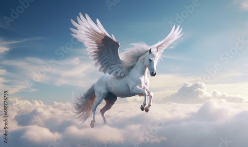 A majestic Pegasus in flight with its large wings spread wide amongst the clouds © TheoTheWizard