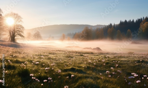 Meadow in the morning mist. Beautiful landscape with meadow and trees