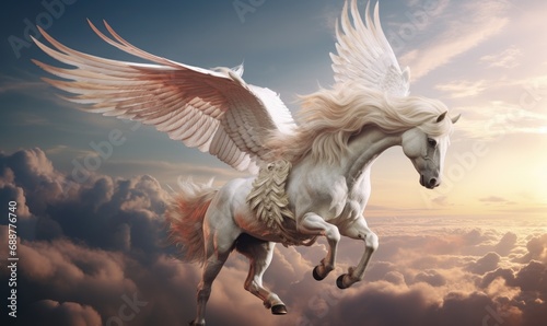 A majestic Pegasus with vibrant wings is soaring in the sky at sunset among fluffy clouds photo