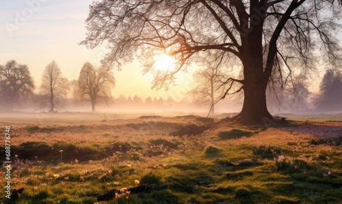 Sunrise over meadow with blooming crocuses in spring