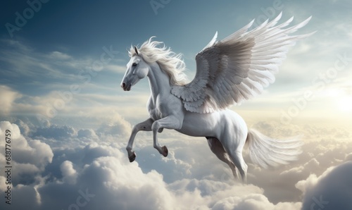 A majestic Pegasus in flight with its large wings spread wide amongst the clouds