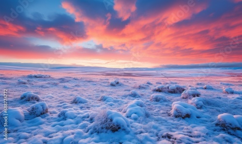 Fantastic winter landscape. Dramatic sky with glowing pink and blue clouds over the sea. Beauty world.