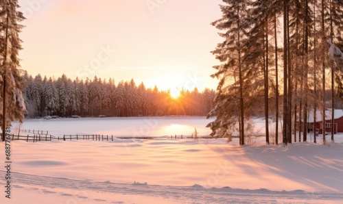 Sunset in the winter forest. Beautiful winter landscape with a frozen lake.