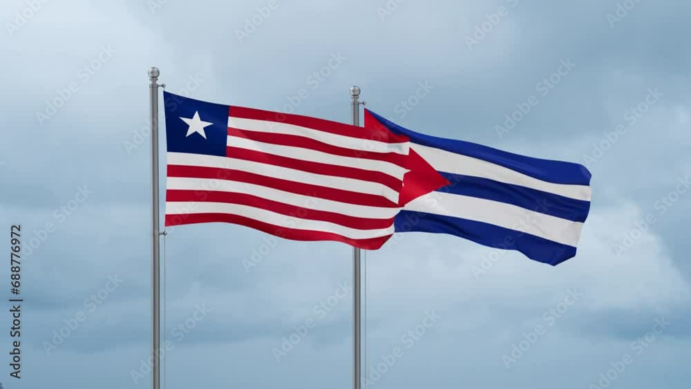 Cuba and Liberia flag waving together on cloudy sky, endless seamless loop, two country cooperation concept Cuba and Liberia flag waving together on cloudy sky, endless seamless loop, two country cooperation concept
