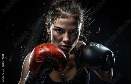 A female boxer poised for combat. The concept of strength and determination. © SERHII