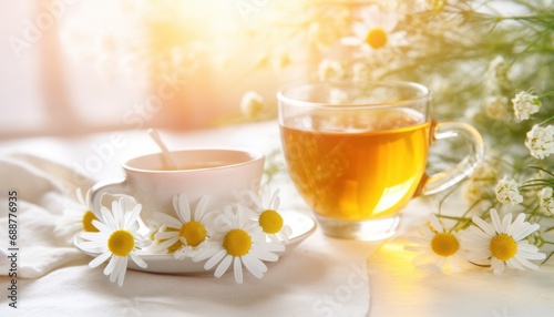 chamomile tea on white table with some flowers,