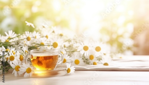 chamomile tea on white table with some flowers,
