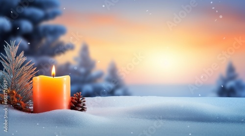 christmas background winter candle in snow background, © ArtCookStudio