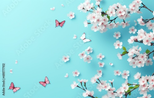 colorful cherry blossoms flowers pink and blue butterfly on blue background,