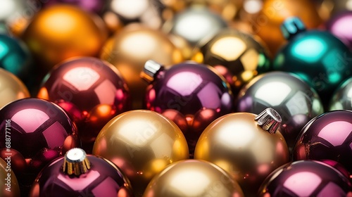 colorful christmas balls on a shiny surface, cabaret scenes,