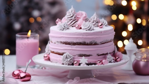 colorful christmas cake with whipped cream and cookies