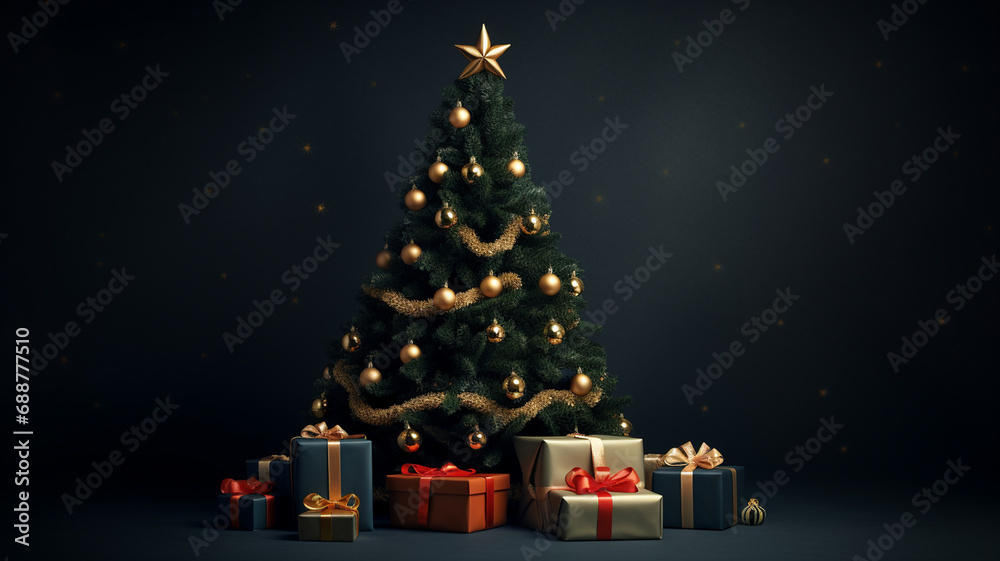 christmas tree, gifts on dark background