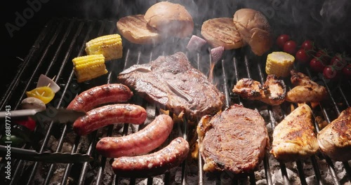 Fire barbecue sets stage for an unforgettable summer party. Juicy meat and bright vegetables on hot coals. With vibrant colors of cherry tomatoes and golden corn, outdoor culinary adventure. AD copy