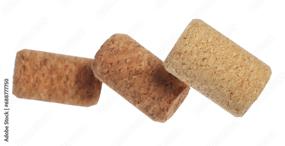 Wine corks in flying isolated on white background, clipping path