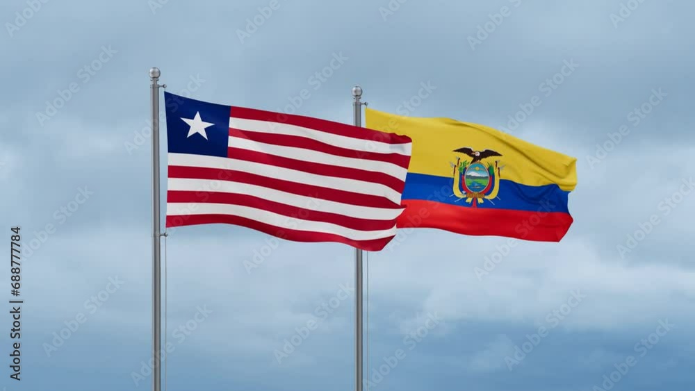 Ecuador flag and Liberia flag waving together on cloudy sky, endless seamless loop, two country relations concept Ecuador flag and Liberia flag waving together on cloudy sky, endless seamless loop, two country relations concept