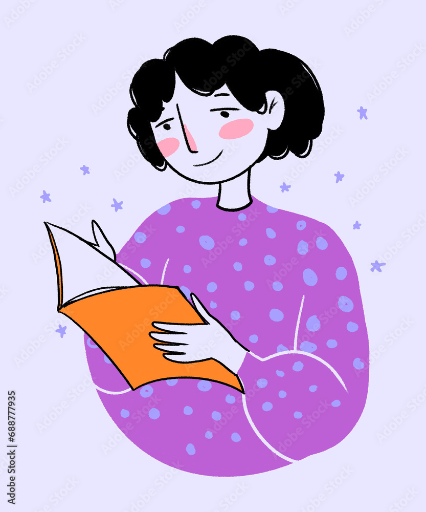 Happy woman reading book against purple background Happy woman reading book against purple background