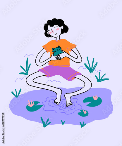 Happy woman with frog spending leisure time in pond photo