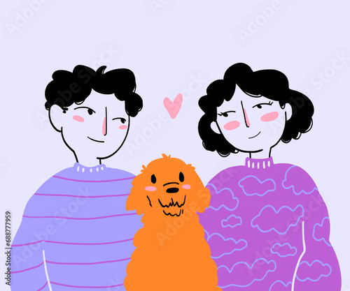Romantic couple with pet dog against white background photo