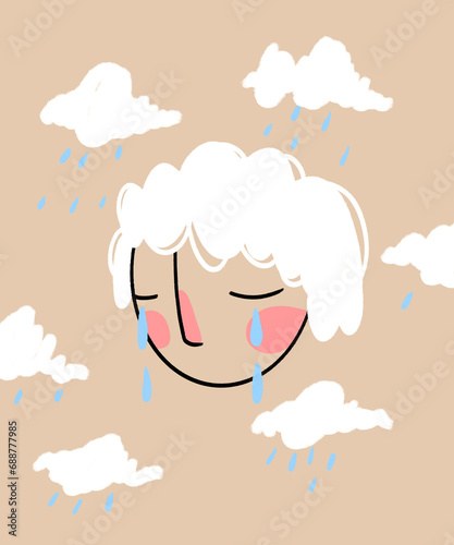 Upset woman crying while rain in background photo