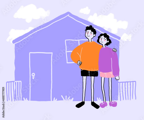 Happy couple standing together outside purple house photo