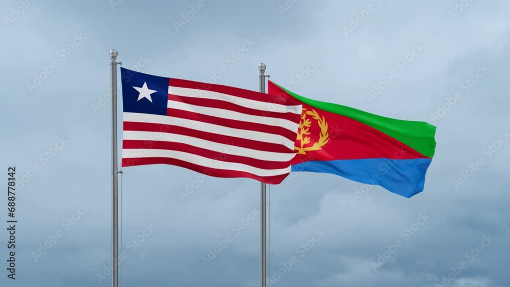Eritrea and Liberia flag waving together on cloudy sky, endless seamless loop, two country cooperation concept Eritrea and Liberia flag waving together on cloudy sky, endless seamless loop, two country cooperation concept
