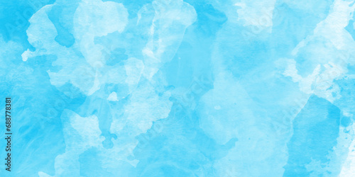 Blue watercolor abstract paint stroke and splashes, sky blue watercolor hand painting illustration, bright and soft watercolor blue spot painted texture, blue watercolor painting on paper with stains.