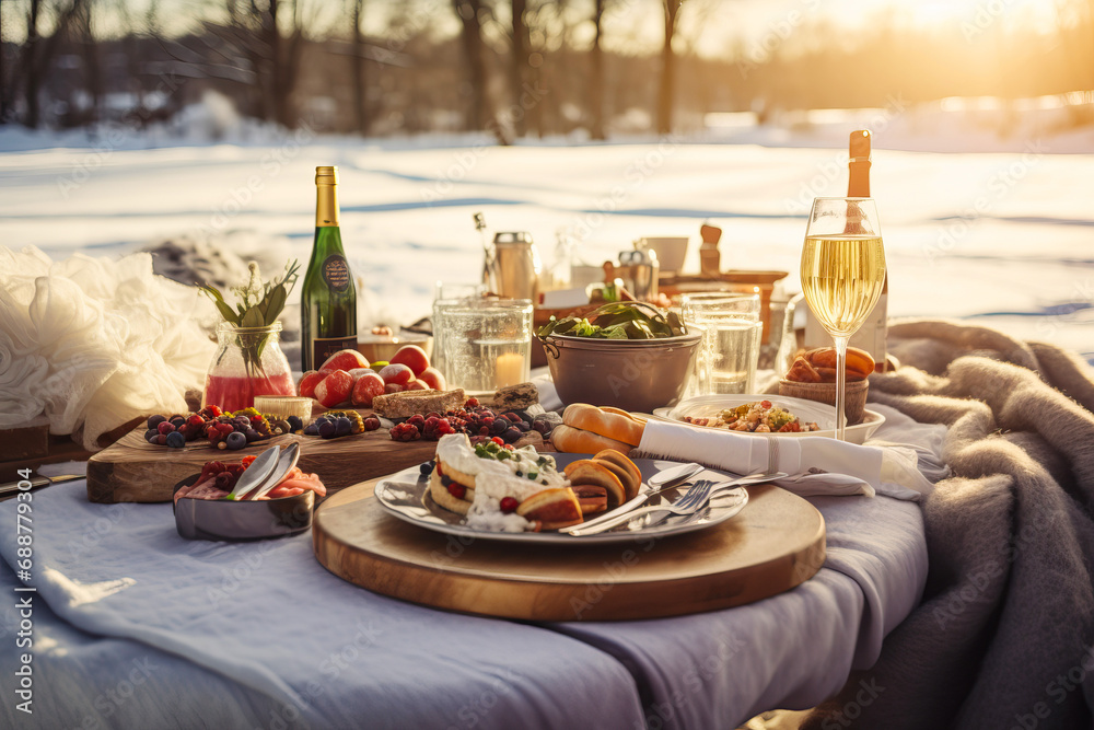 Christmas dinner outdoors, featuring a gourmet picnic spread with dishes like smoked salmon, champagne infused salads, and artisanal bread, Festive blankets