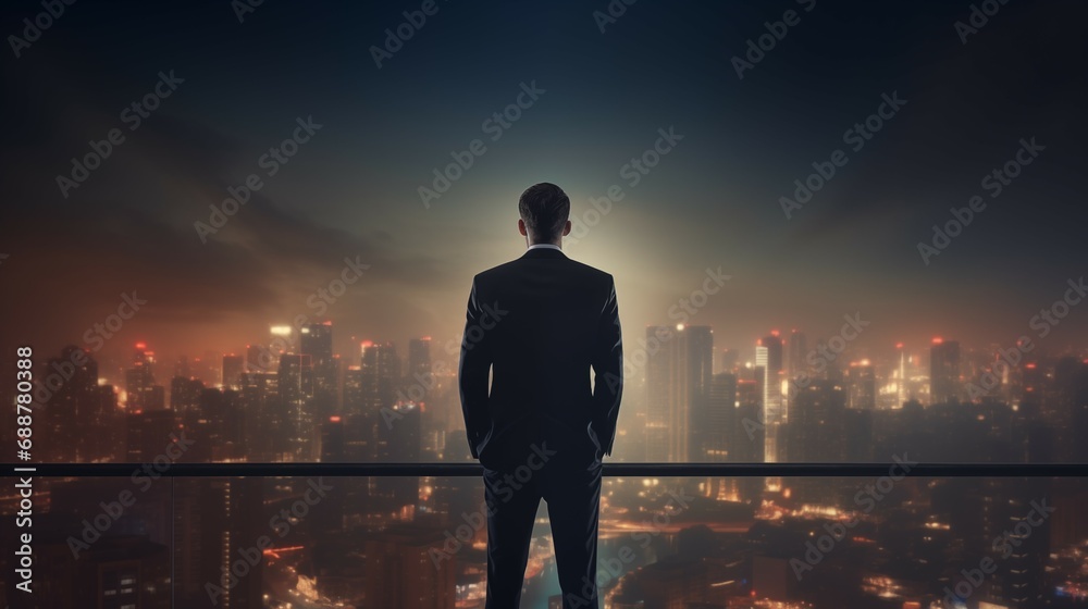 Businessman Watching the Night City from His Office Summit. Generative ai Businessman Watching the Night City from His Office Summit. Generative ai
