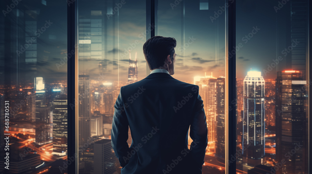 Elevated Perspective: Businessman Watching the Night City from His Office Summit. Generative ai Elevated Perspective: Businessman Watching the Night City from His Office Summit. Generative ai
