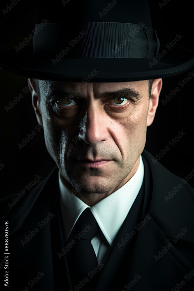 a stoic detective, with a cold, piercing gaze and a black suit. generative AI a stoic detective, with a cold, piercing gaze and a black suit. generative AI