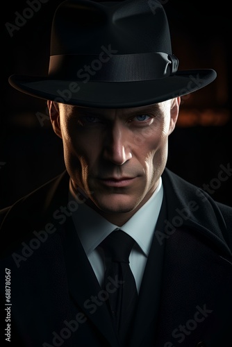 a stoic detective, with a cold, piercing gaze and a black suit. generative AI