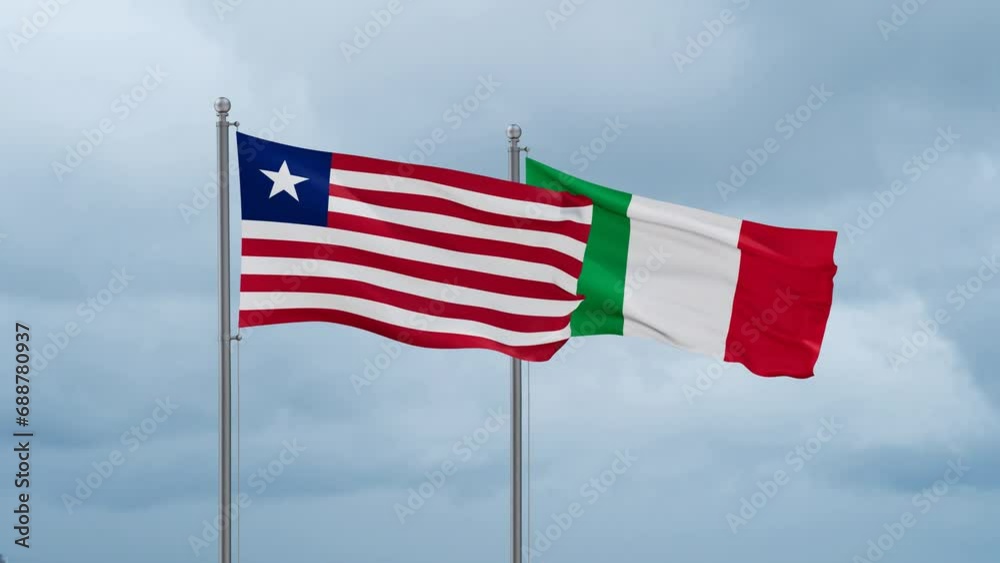 Italy and Liberia flag waving together on cloudy sky, endless seamless loop, two country cooperation concept Italy and Liberia flag waving together on cloudy sky, endless seamless loop, two country cooperation concept