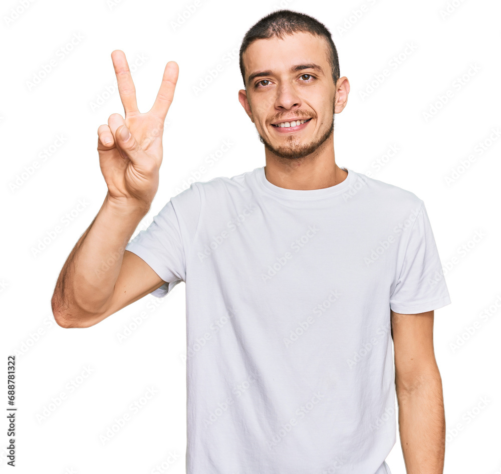 Hispanic young man wearing casual white t shirt showing and pointing up with fingers number two while smiling confident and happy. Hispanic young man wearing casual white t shirt showing and pointing up with fingers number two while smiling confident and happy.