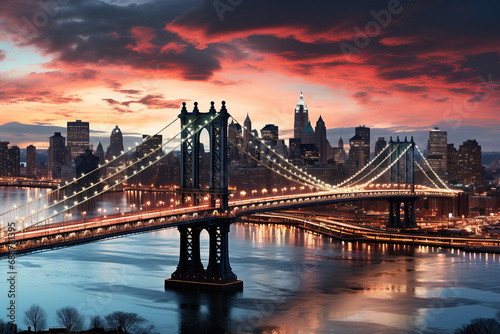 Panoramic view of a winter New York city skyline  with the city lights reflecting off the icy surfaces and creating a magical  illuminated bridges