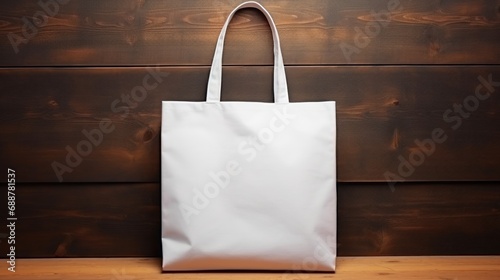 Cotton white plain tote bag ith blank front, realistic on a mockup template in a wooden table photo
