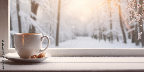 coffee cup on a white windowsill mockup with blurred wintery forest background