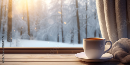 coffee cup on a wooden windowsill overlooking a wintry scene at sunrise