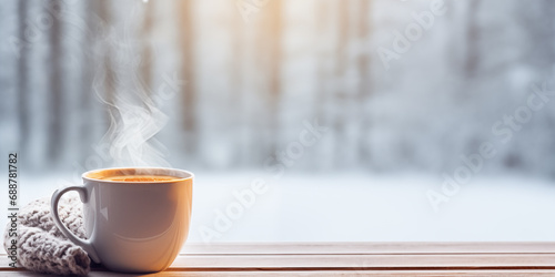 coffee cup on wooden surface with winter background