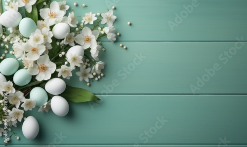 easter decorated eggs and flowers on wooden bed background, #688781916